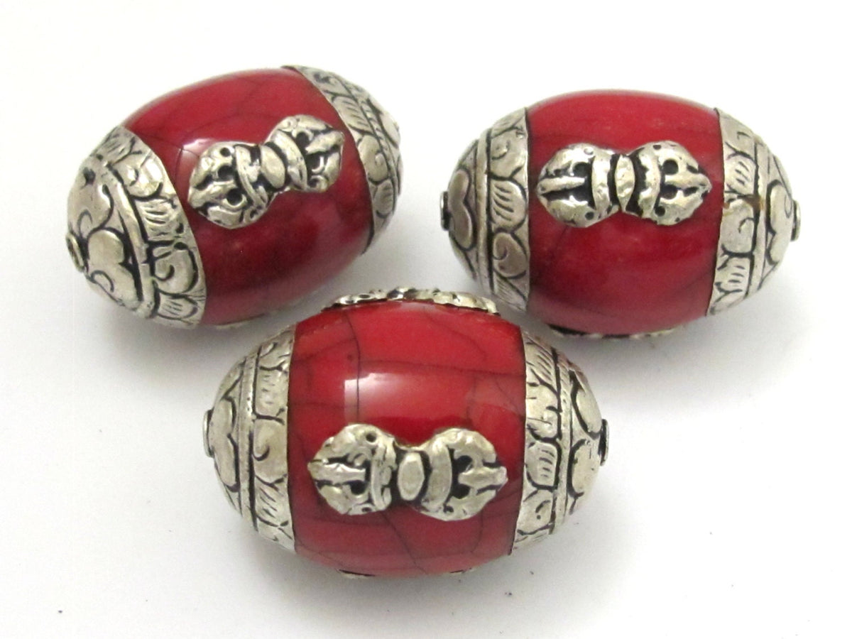 2 beads -Large Tibetan red crackle resin capped beads with tibetan dorje vajra symbol - BD627