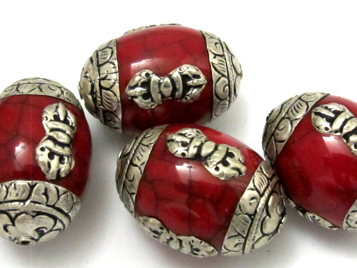 2 beads -Large Tibetan red crackle resin capped beads with tibetan dorje vajra symbol - BD627