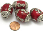2 beads -Large Tibetan red crackle resin capped beads with tibetan dorje vajra symbol - BD627