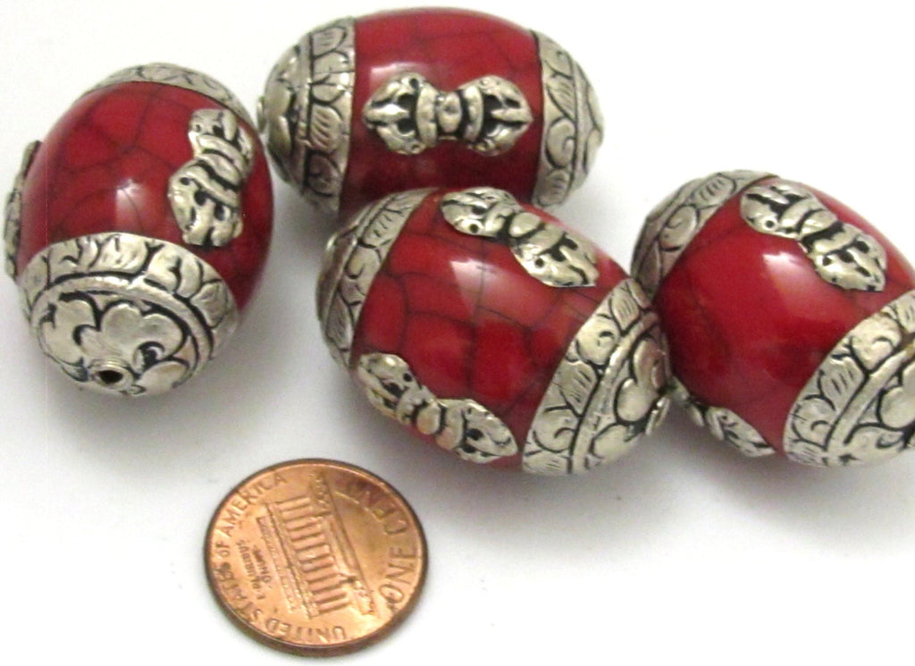 1 bead -Large Tibetan red crackle resin capped beads with tibetan dorje vajra symbol - BD627