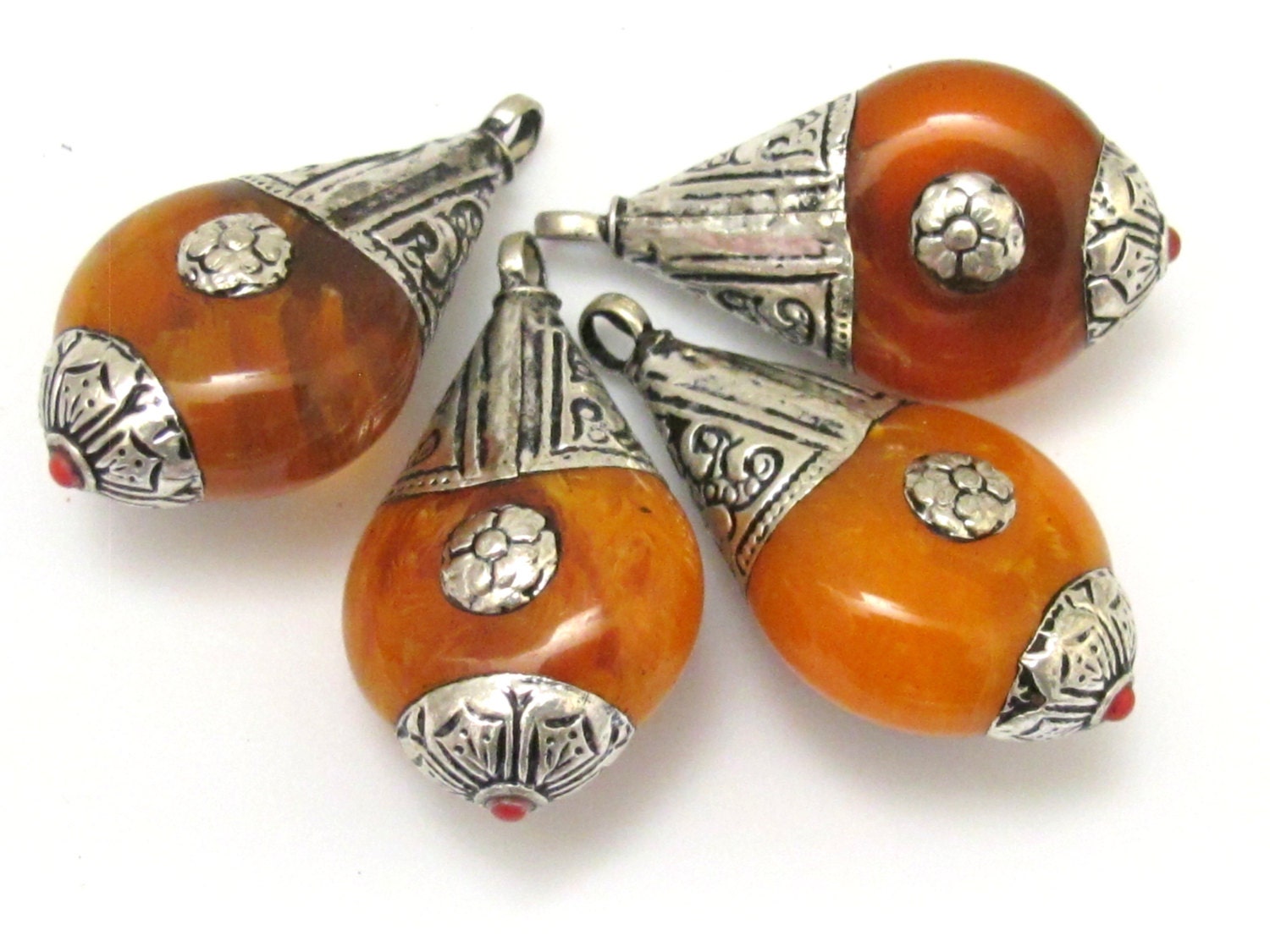 Thick Tibetan silver copal resin reversible pendant with floral design on bail - 1 Pendant - PM258