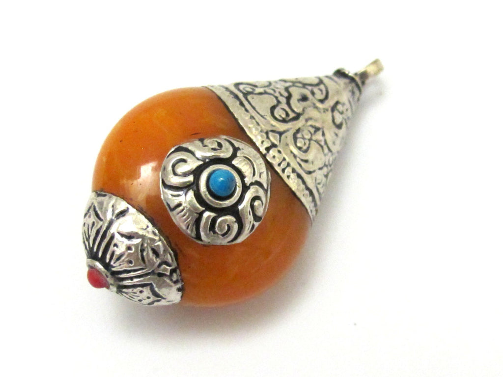 Thick Tibetan silver copal resin reversible pendant with floral design on bail - 1 Pendant - PM258