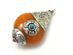 Thick Tibetan silver copal resin reversible pendant with floral design on bail - 1 Pendant - PM258