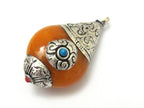 Thick Tibetan silver copal resin reversible pendant with floral design on bail - 1 Pendant - PM258