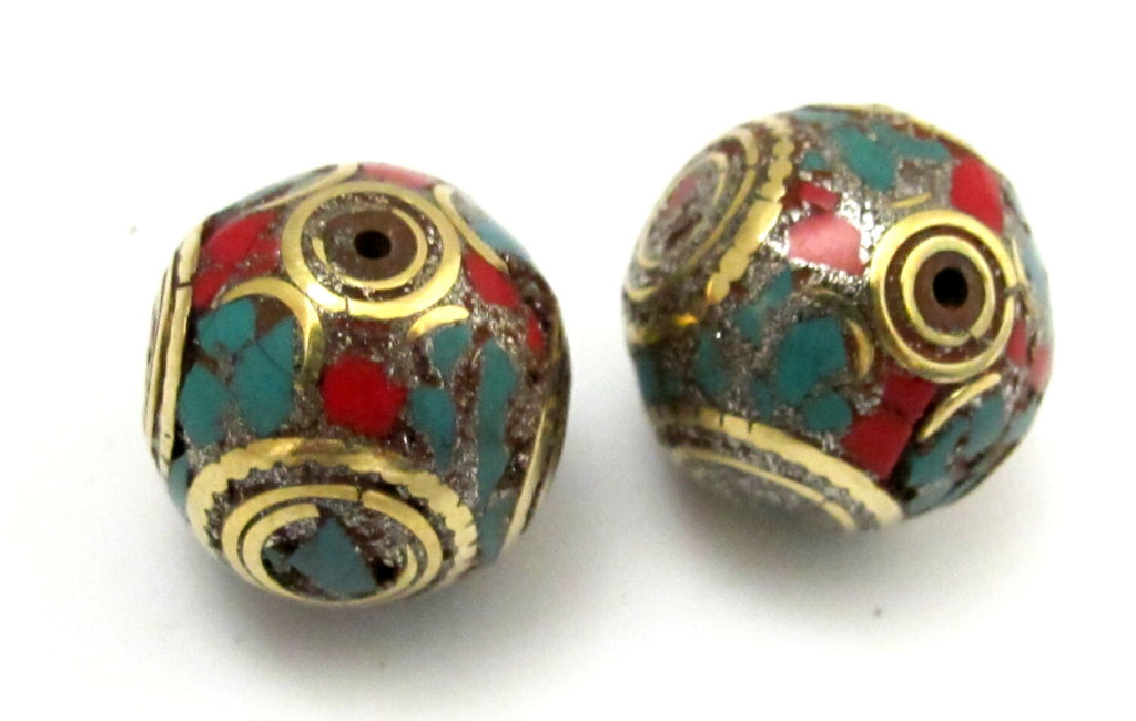 2 BEADS - Large 20 mm size beautiful cuboid shape nepal brass beads with turquoise coral inlay - BD623