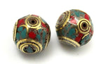 2 BEADS - Large 20 mm size beautiful cuboid shape nepal brass beads with turquoise coral inlay - BD623