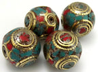 2 BEADS - Large 20 mm size beautiful cuboid shape nepal brass beads with turquoise coral inlay - BD623