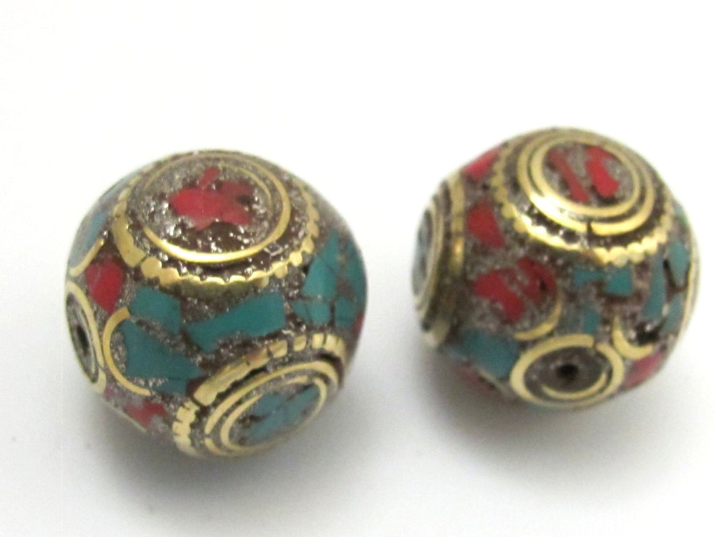2 BEADS - Large 20 mm size beautiful cuboid shape nepal brass beads with turquoise coral inlay - BD623