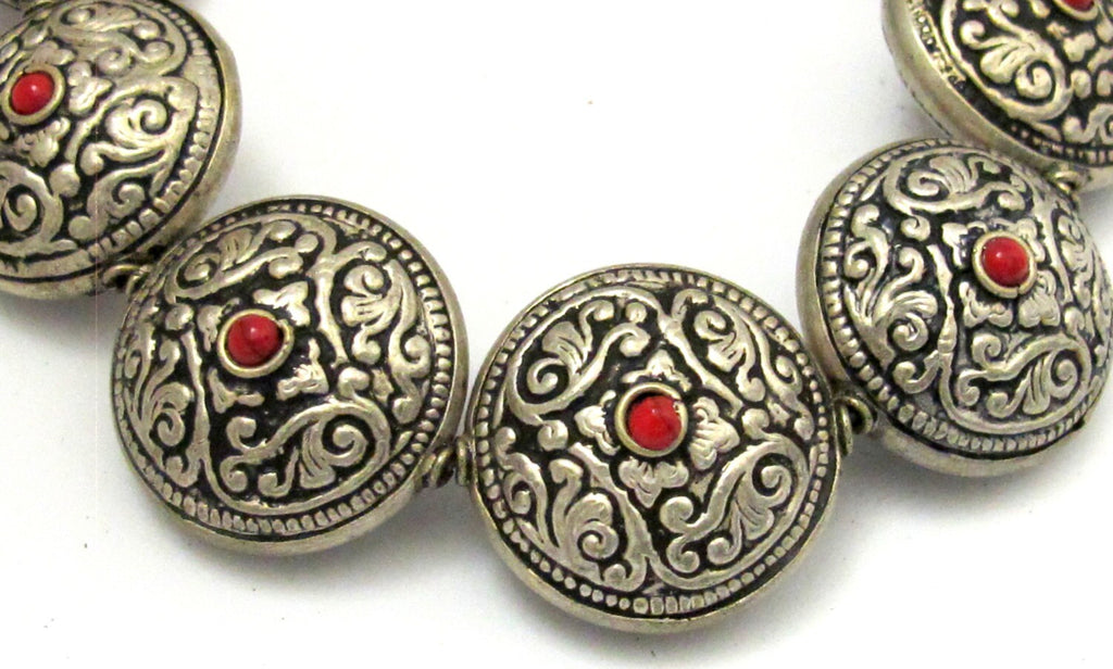 2 BEADS - Reversible Tibetan silver bead with floral repousse design - BD624B
