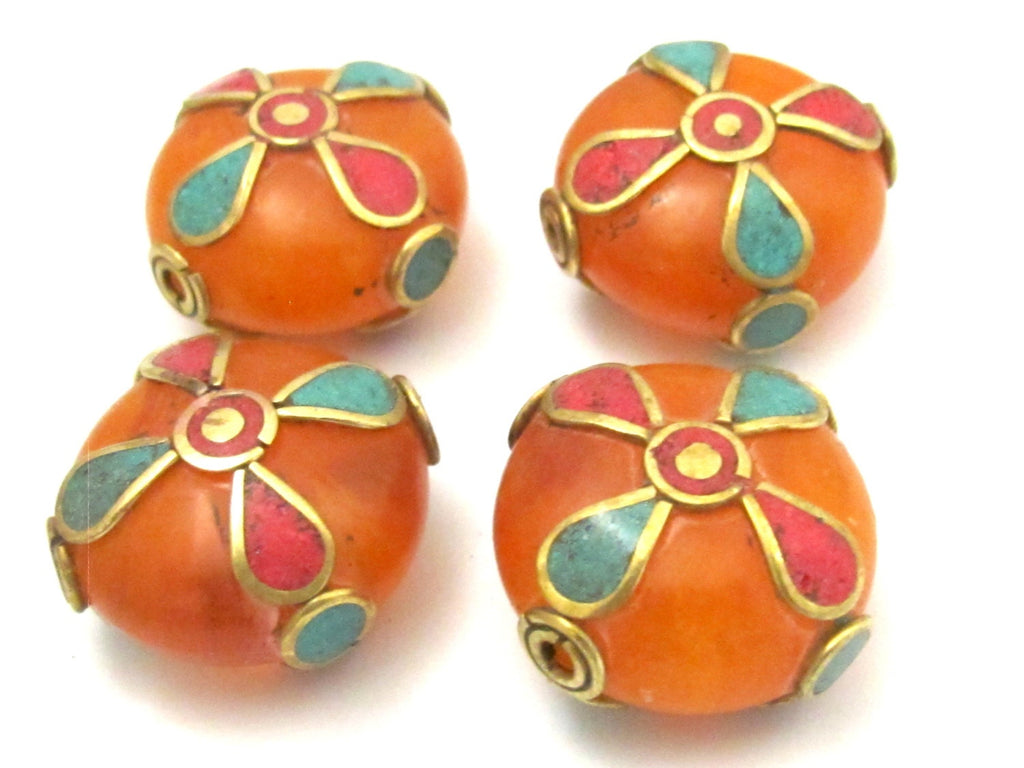 1 BEAD - Round disc honey copal resin beads from Nepal with turquoise coral inlay - BD625A