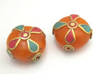 1 BEAD - Round disc honey copal resin beads from Nepal with turquoise coral inlay - BD625A