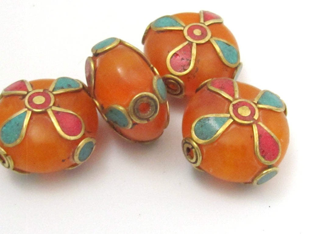 1 BEAD - Round disc honey copal resin beads from Nepal with turquoise coral inlay - BD625A