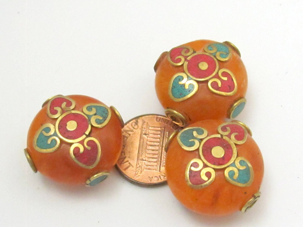 1 BEAD - Round disc honey copal resin beads from Nepal with heart design turquoise coral inlay - BD625B