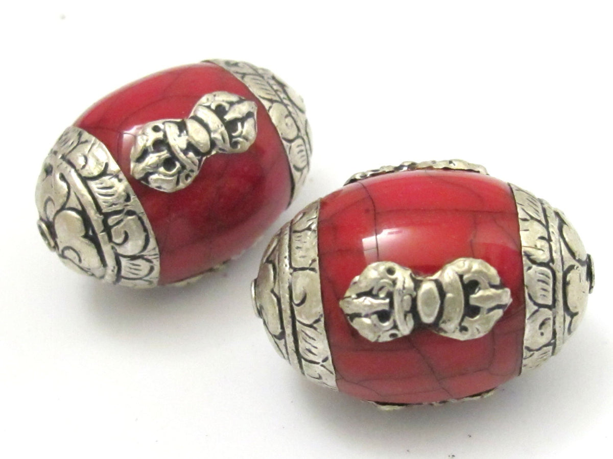 2 beads -Large Tibetan red crackle resin capped beads with tibetan dorje vajra symbol - BD627