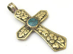 Reversible Tibetan Brass floral repousse cross Pendant with turquoise inlay - PM480