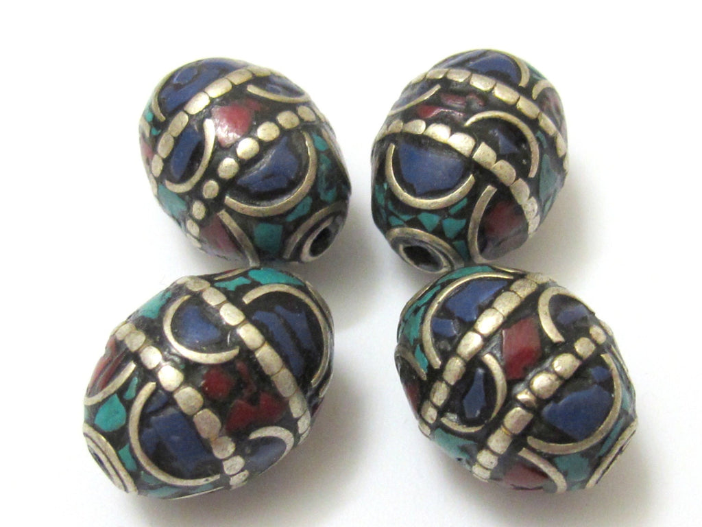 2 BEADS - Large 20 mm x 16 mm size Oval shape Tibetan brass beads with turquoise coral and lapis inlay - BD629