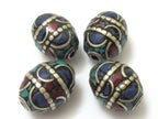 2 BEADS - Large 20 mm x 16 mm size Oval shape Tibetan brass beads with turquoise coral and lapis inlay - BD629