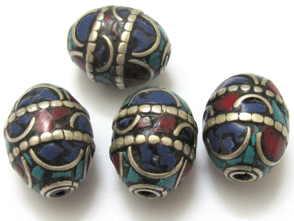 1 BEAD - Large 20 mm x 16 mm size Oval shape Tibetan brass beads with turquoise and lapis inlay - BD629