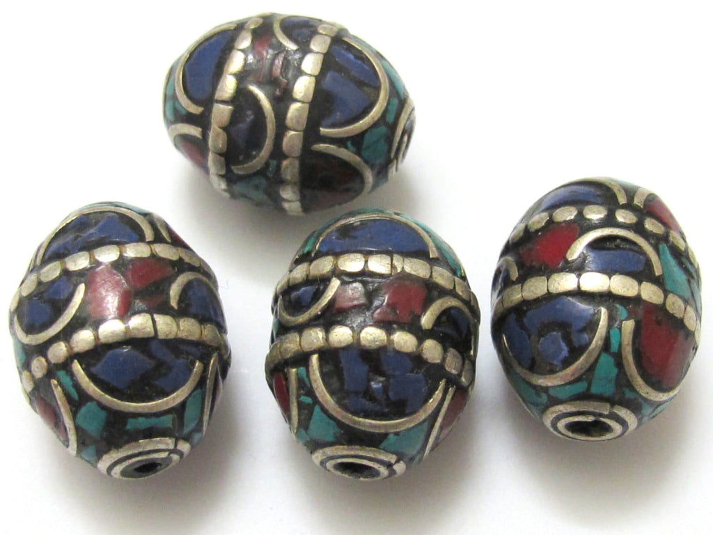 1 BEAD - Large 20 mm x 16 mm size Oval shape Tibetan brass beads with turquoise and lapis inlay - BD629