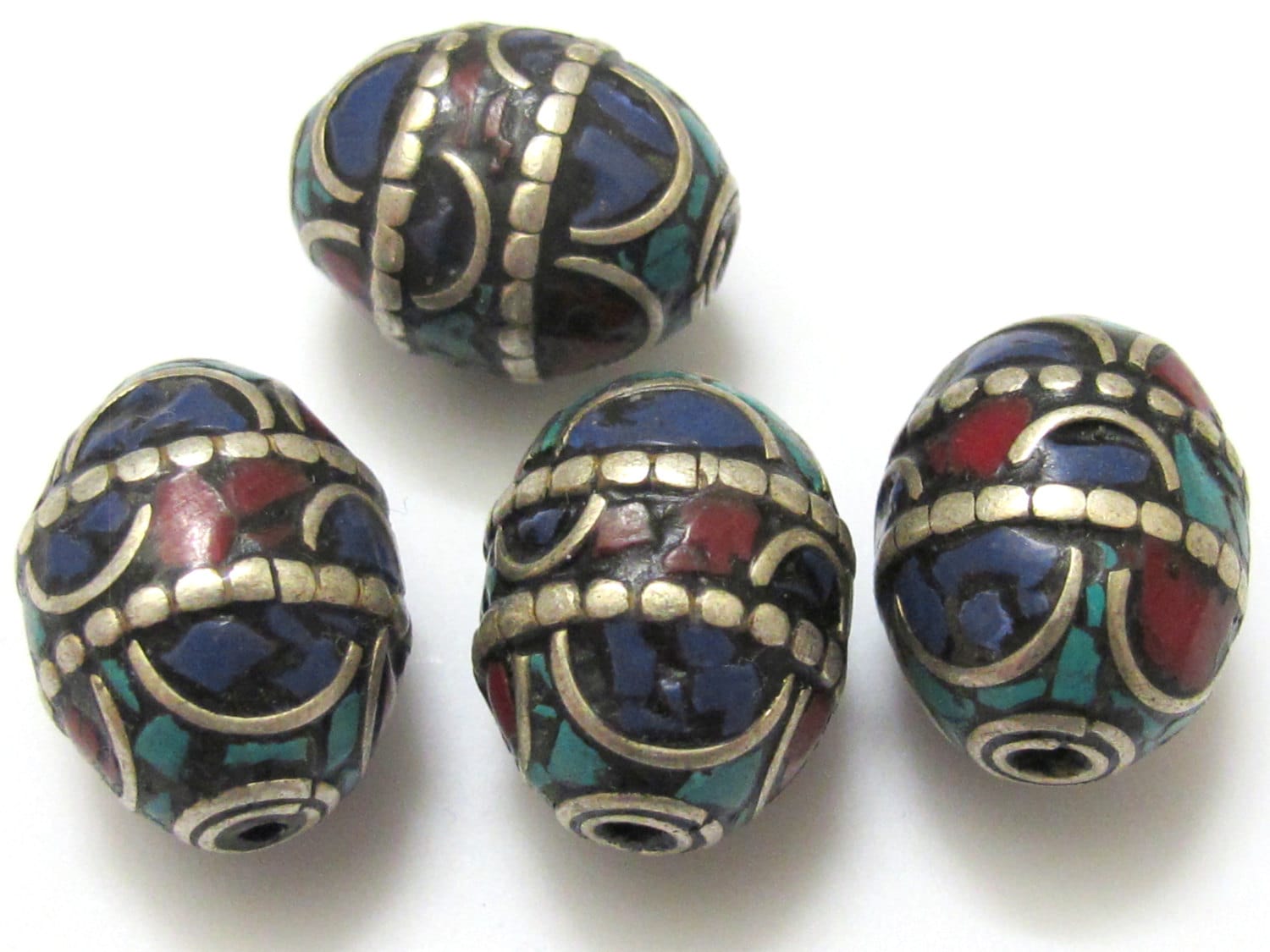 1 BEAD - Large 20 mm x 16 mm size Oval shape Tibetan brass beads with turquoise and lapis inlay - BD629