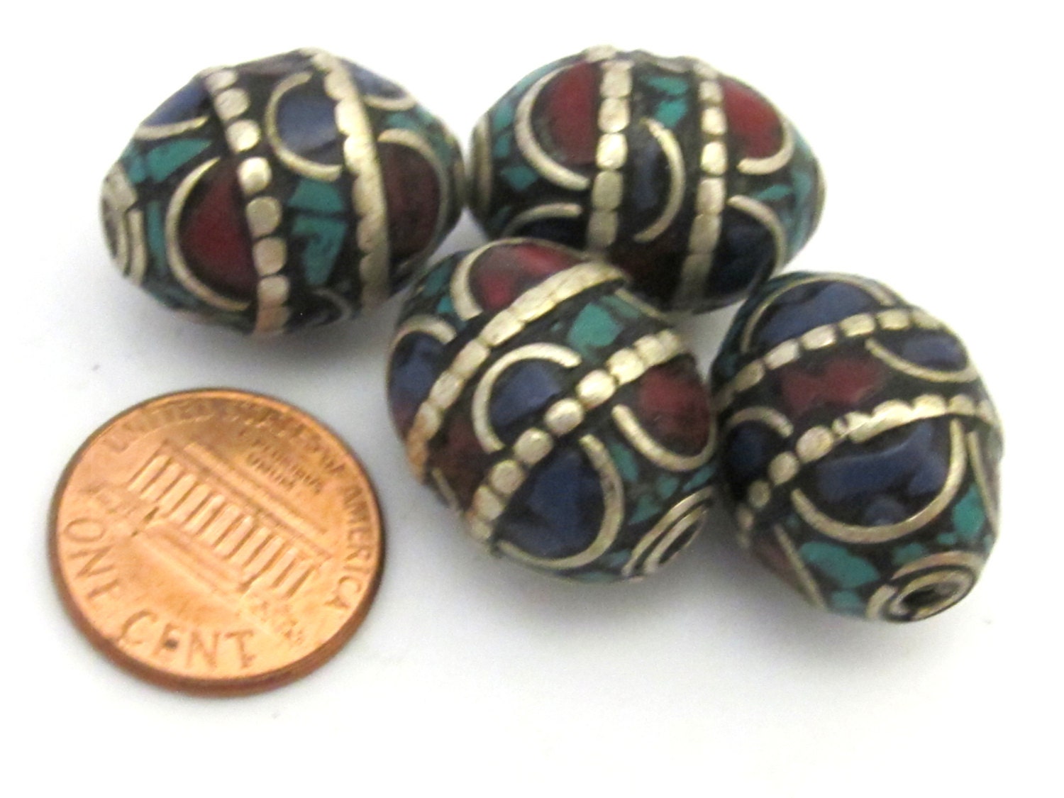 2 BEADS - Large 20 mm x 16 mm size Oval shape Tibetan brass beads with turquoise coral and lapis inlay - BD629