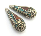 2 Beads-Tibetan filigree design silver spiral with turquoise coral inlaid brass cone beads - BD630