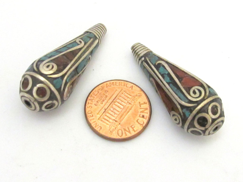 2 Beads-Tibetan filigree design silver spiral with turquoise coral inlaid brass cone beads - BD630