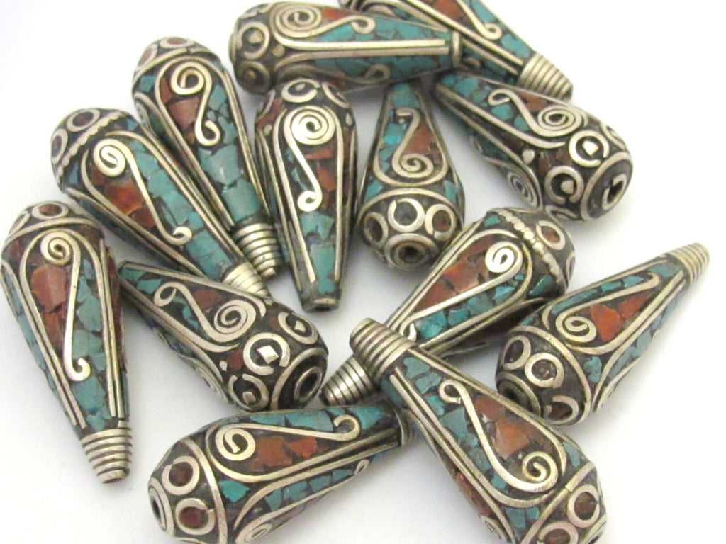 2 Beads-Tibetan filigree design silver spiral with turquoise coral inlaid brass cone beads - BD630