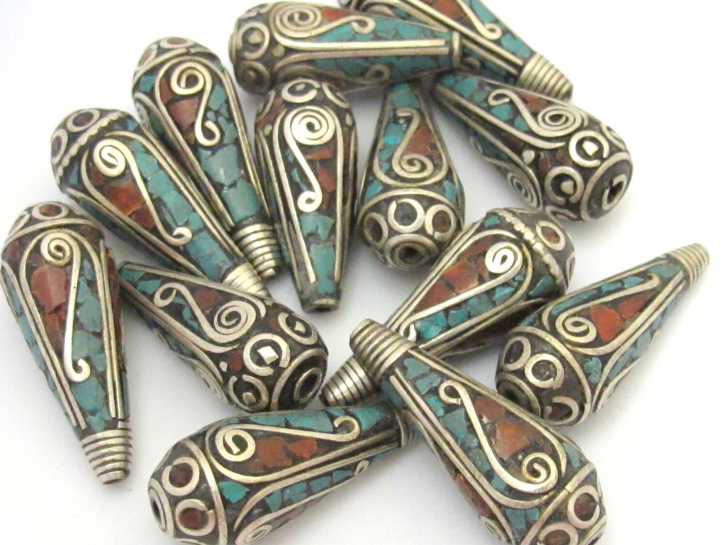 2 Beads-Tibetan filigree design silver spiral with turquoise coral inlaid brass cone beads - BD630