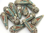 2 Beads-Tibetan filigree design silver spiral with turquoise coral inlaid brass cone beads - BD630