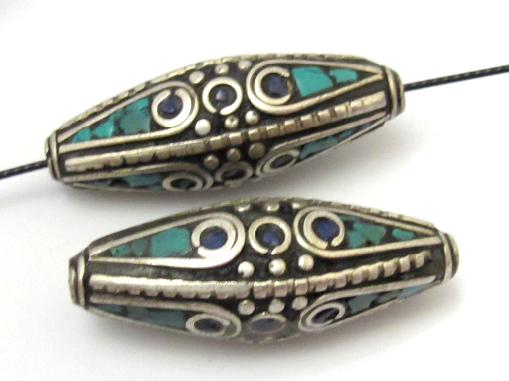 2 BEADS - Large size Bicone shape nepalese brass beads with turquoise and lapis inlay - BD631