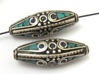 2 BEADS - Large size Bicone shape nepalese brass beads with turquoise and lapis inlay - BD631