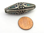 2 BEADS - Large size Bicone shape nepalese brass beads with turquoise and lapis inlay - BD631