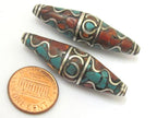 Tibetan Beads - nepalese beads - tibetan craft - 2 BEADS - Long bicone shape nepalese brass beads wavy design turquoise inlay - BD632A