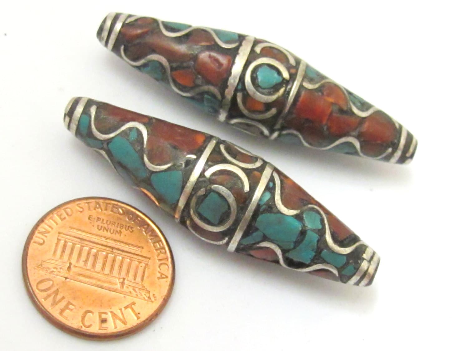 Tibetan Beads - nepalese beads - tibetan craft - 2 BEADS - Long bicone shape nepalese brass beads wavy design turquoise inlay - BD632A