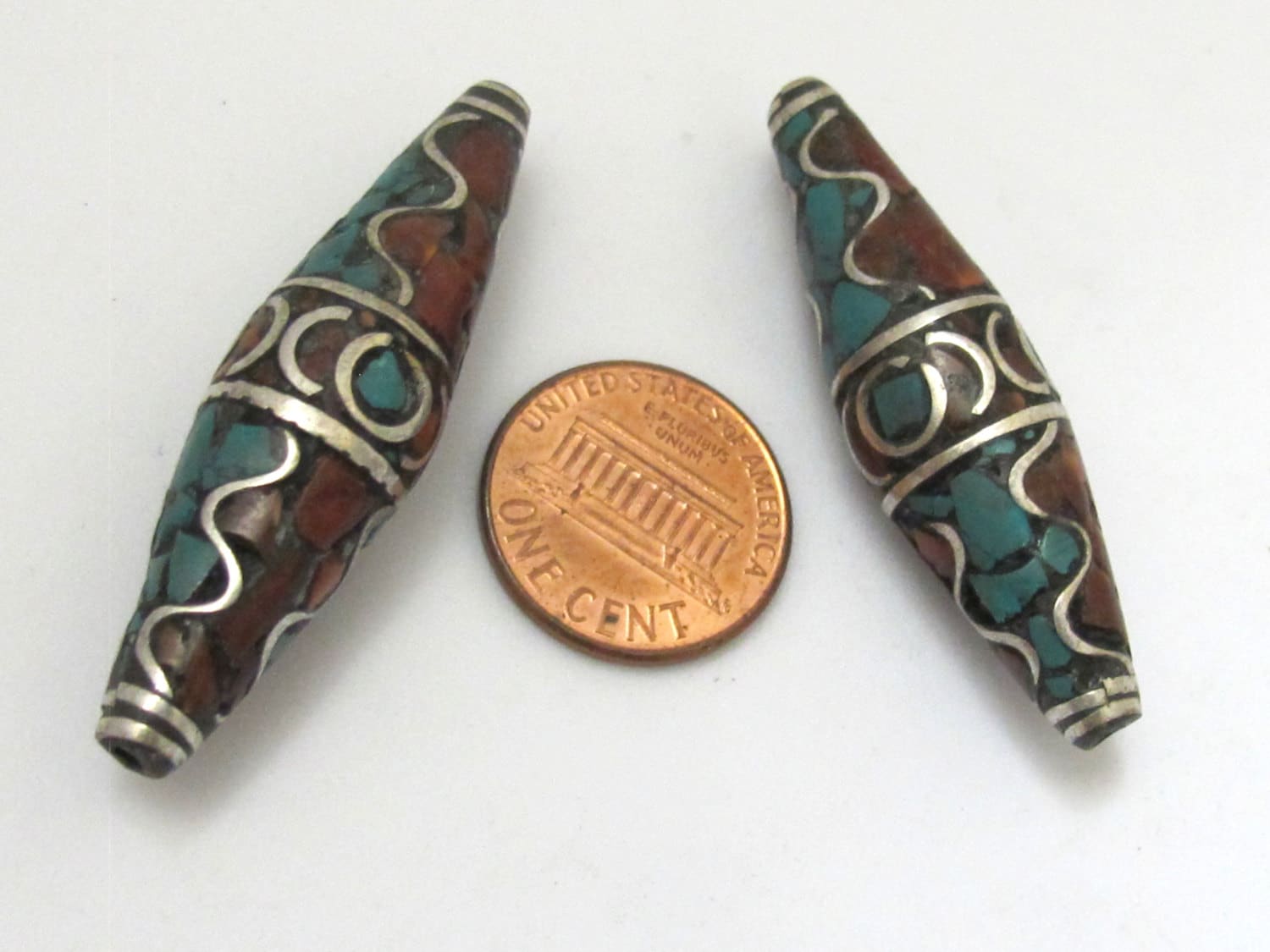 Tibetan Beads - nepalese beads - tibetan craft - 2 BEADS - Long bicone shape nepalese brass beads wavy design turquoise inlay - BD632A