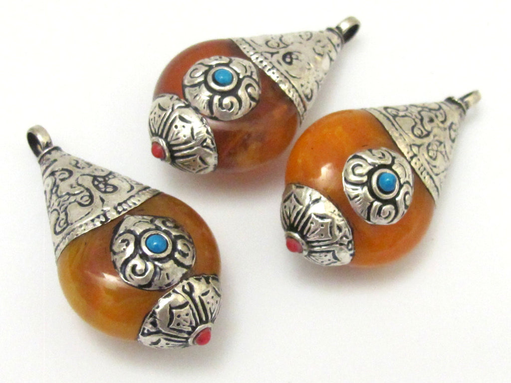 Thick Tibetan silver copal resin reversible pendant with floral design on bail - 1 Pendant - PM258