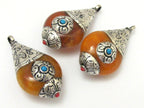 Thick Tibetan silver copal resin reversible pendant with floral design on bail - 1 Pendant - PM258
