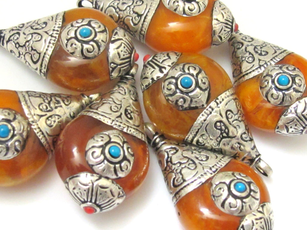 Thick Tibetan silver copal resin reversible pendant with floral design on bail - 1 Pendant - PM258