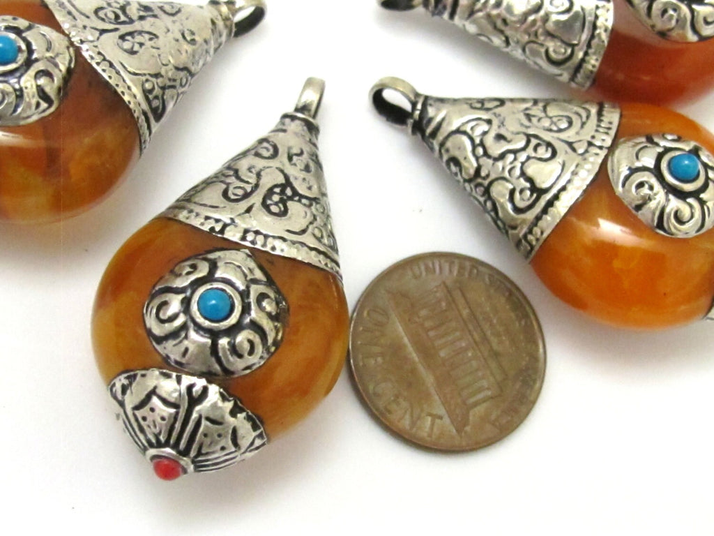 Thick Tibetan silver copal resin reversible pendant with floral design on bail - 1 Pendant - PM258