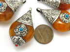 Thick Tibetan silver copal resin reversible pendant with floral design on bail - 1 Pendant - PM258