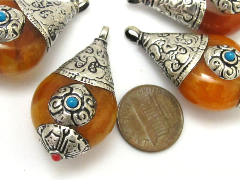 Thick Tibetan silver copal resin reversible pendant with floral design on bail - 1 Pendant - PM258