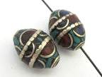 2 BEADS - Large 20 mm x 16 mm size Oval shape Tibetan brass beads with turquoise coral and lapis inlay - BD629