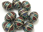 2 BEADS - Large 20 mm x 16 mm size Oval shape Tibetan brass beads with turquoise coral and lapis inlay - BD629