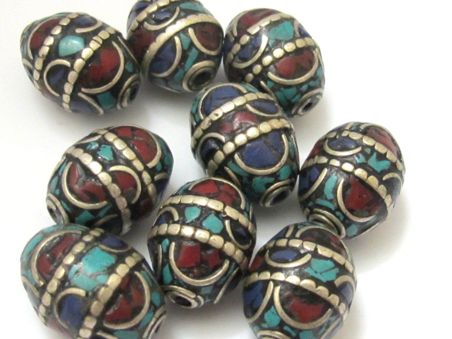 1 BEAD - Large 20 mm x 16 mm size Oval shape Tibetan brass beads with turquoise and lapis inlay - BD629