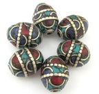 2 BEADS - Large 20 mm x 16 mm size Oval shape Tibetan brass beads with turquoise coral and lapis inlay - BD629