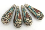 2 Beads-Tibetan filigree design silver spiral with turquoise coral inlaid brass cone beads - BD630