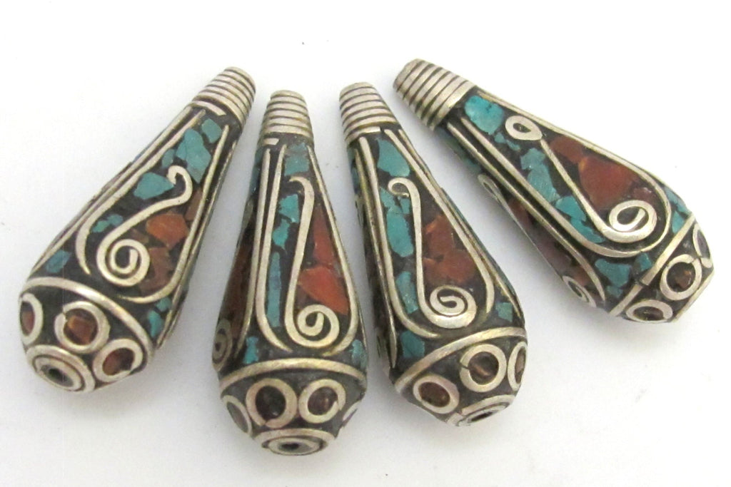 2 Beads-Tibetan filigree design silver spiral with turquoise coral inlaid brass cone beads - BD630