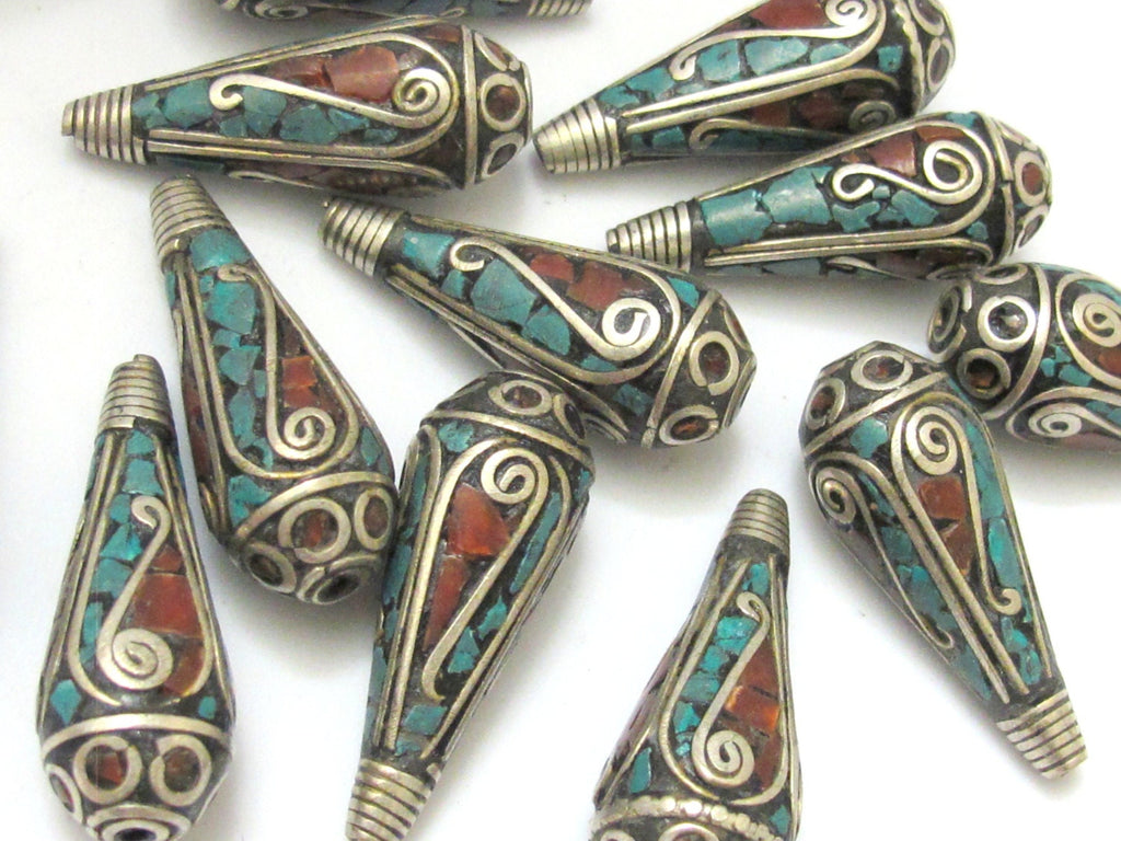 2 Beads-Tibetan filigree design silver spiral with turquoise coral inlaid brass cone beads - BD630