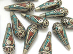 2 Beads-Tibetan filigree design silver spiral with turquoise coral inlaid brass cone beads - BD630